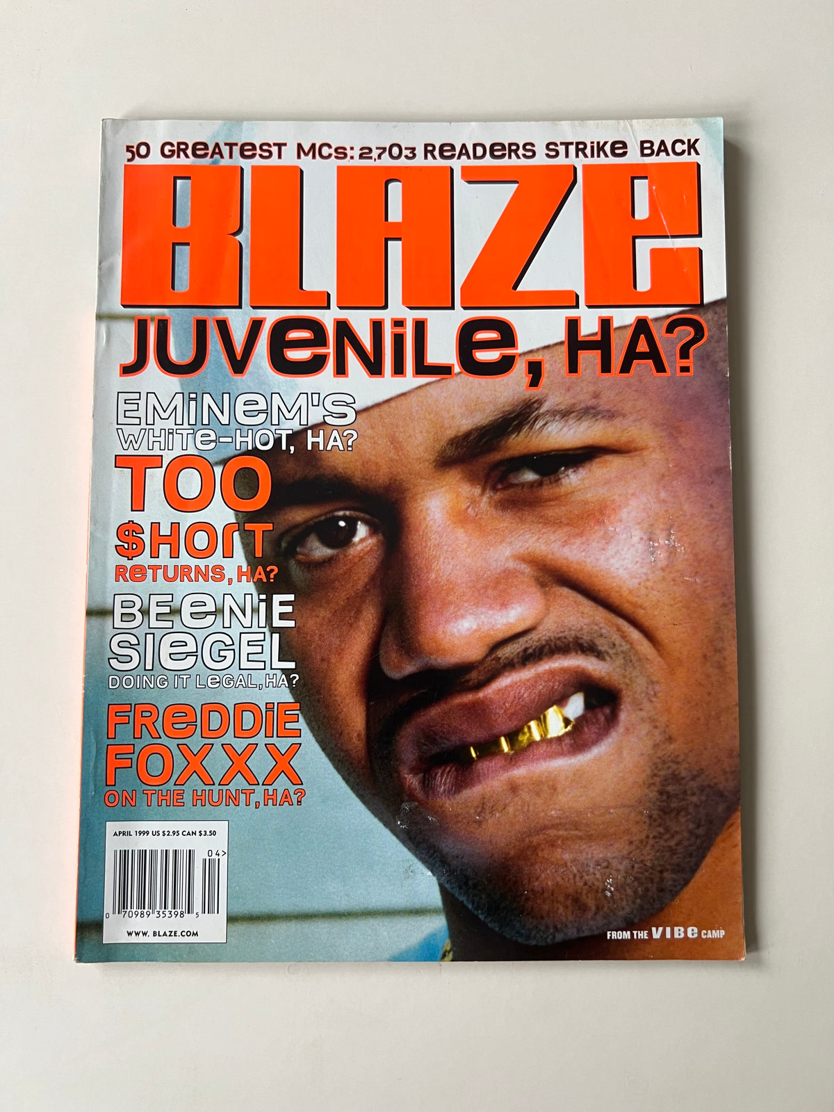 Blaze magazine cover, April 1999, featuring Juvenile ("Ha?"), with cover lines on the 50 Greatest MCs readers' strike back, Eminem, Too Short, Beanie Sigel, and Freddie Foxxx.