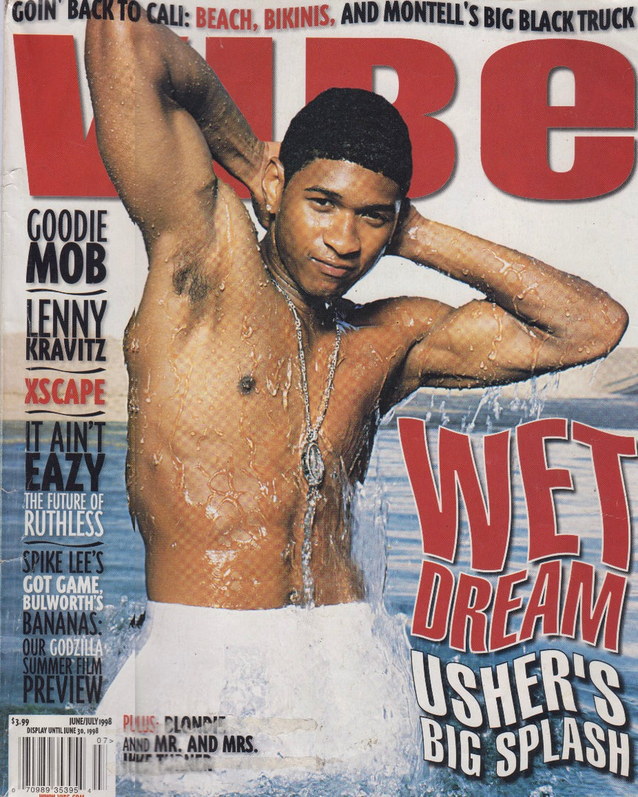 Vibe Magazine June/July 1998 cover featuring Usher wet and shirtless for the "Wet Dream" cover story, with cover lines for Goodie Mob, Lenny Kravitz, Xscape, and Ruthless Records.