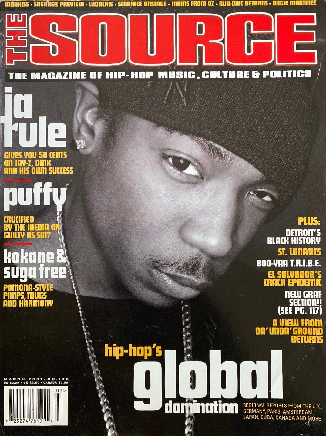 The Source Magazine March 2001 cover featuring a close-up of Ja Rule in a black beanie and chain, Issue No. 138