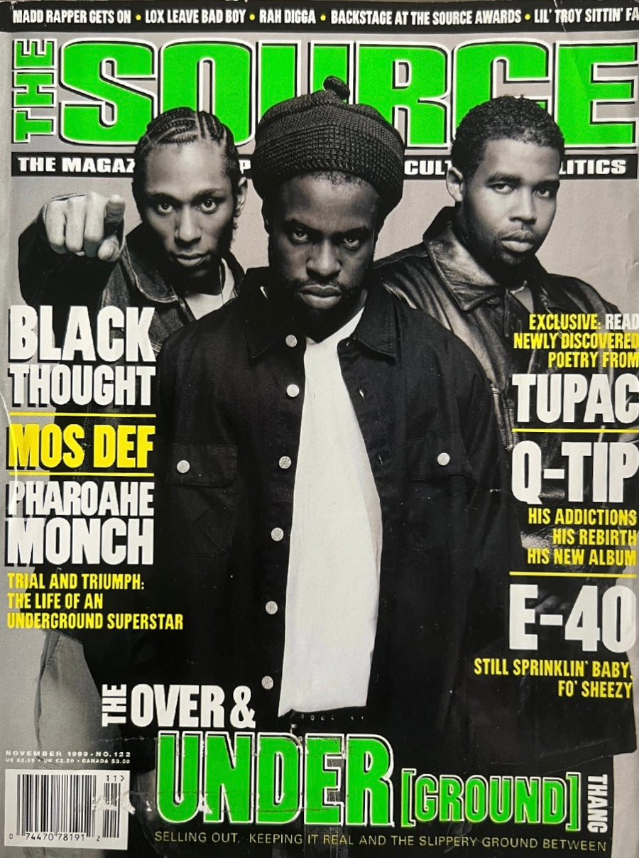 The Source magazine cover, November 1999 (Issue No. 122), featuring Black Thought, Mos Def, and Pharoahe Monch under "The Over & Underground Thang," with Tupac, Q-Tip, and E-40 also cover-featured.