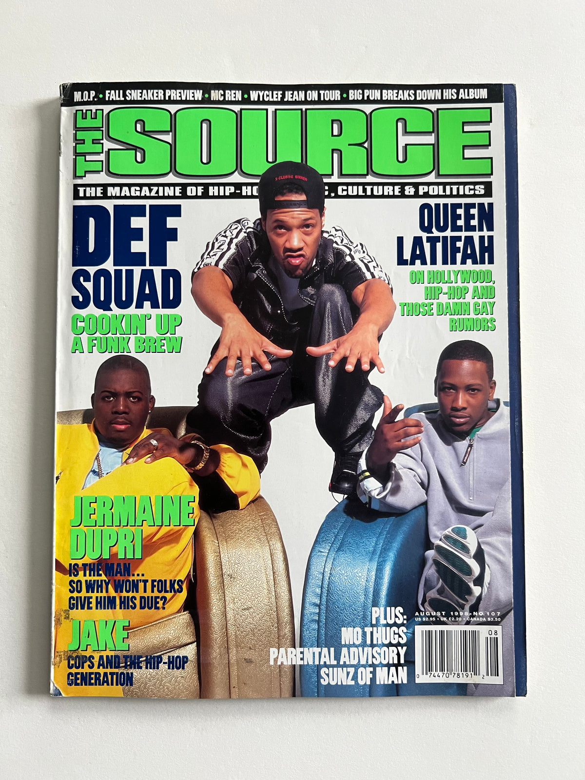 The Source magazine cover, August 1999, featuring Def Squad ("Cookin' Up a Funk Brew"), with cover lines on Queen Latifah, Jermaine Dupri, Jake, and hip-hop's Sunz of Man.