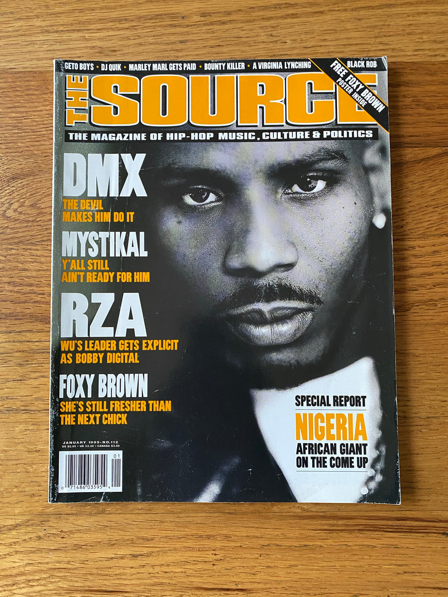 The Source magazine cover, January 1999, featuring DMX ("The Devil Makes Him Do It"), with cover lines on Mystikal, RZA, Foxy Brown, and a special report on Nigeria.