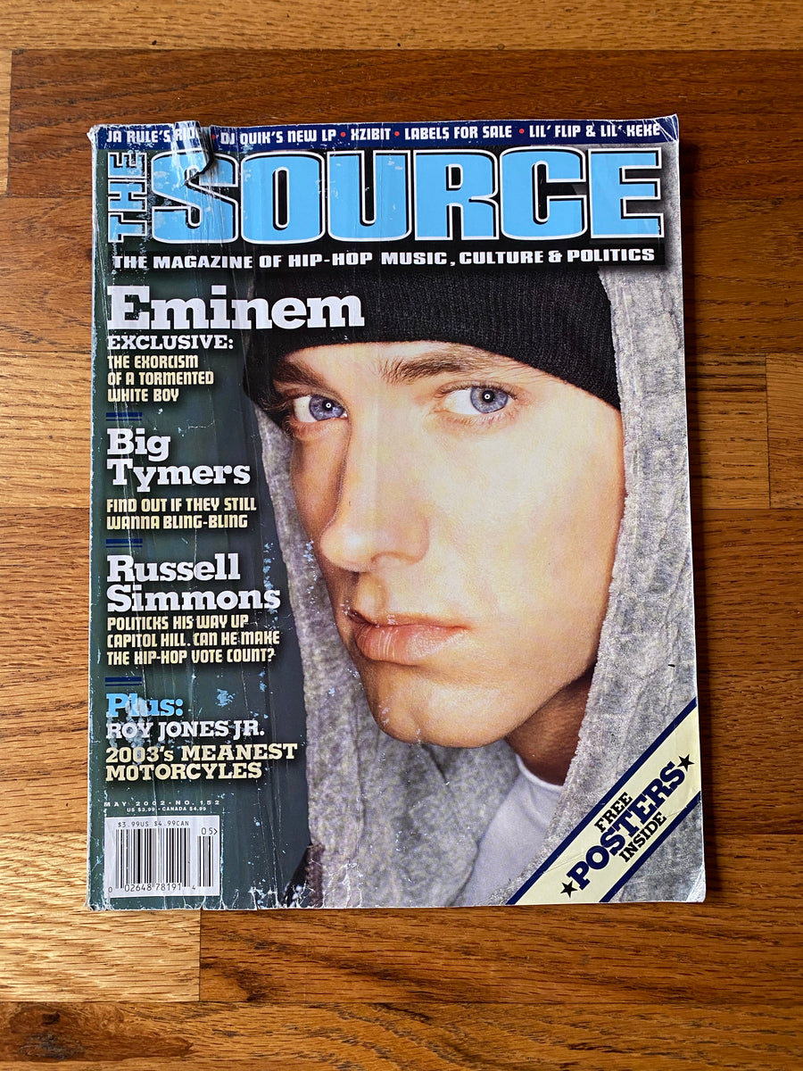 The Source Magazine May 2002 cover featuring Eminem in a hood, the exclusive tormented white boy cover story, Issue No. 152