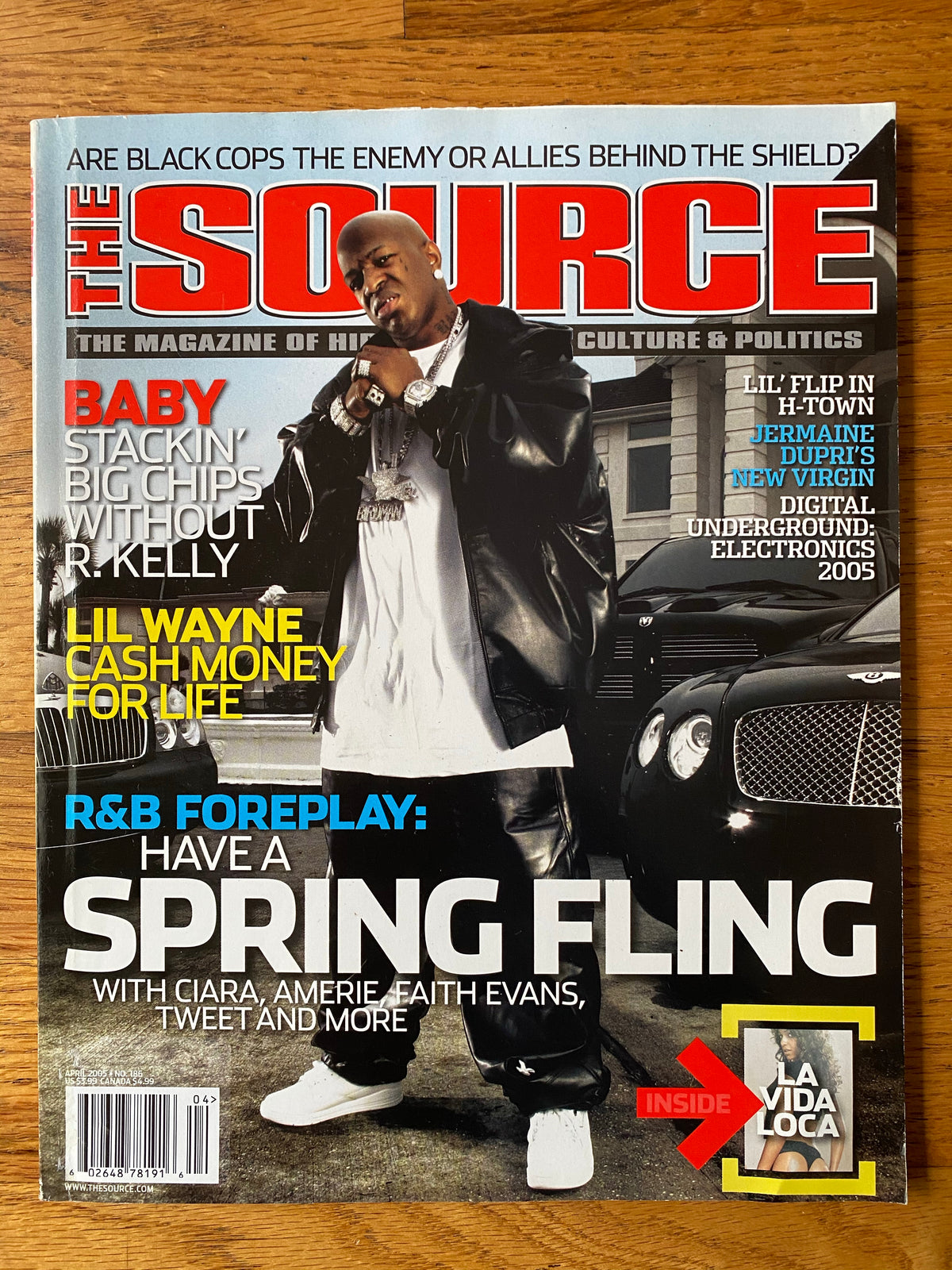 The Source Magazine April 2005 cover featuring Baby the Birdman of Cash Money standing by a Bentley, Issue No. 186