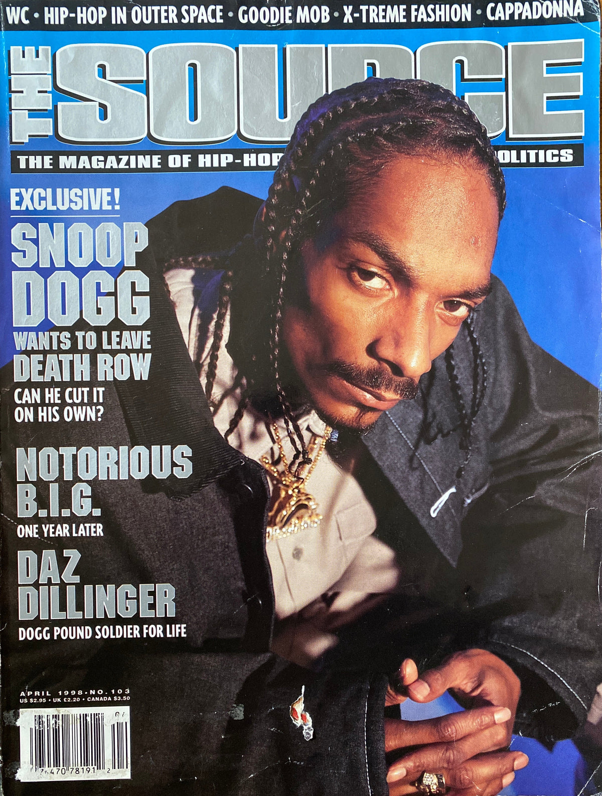 The Source magazine cover, April 1998, featuring Snoop Dogg ("Wants to Leave Death Row - Can He Cut It on His Own?"), with cover lines on Notorious B.I.G. one year later, Daz Dillinger, Goodie Mob, and Cappadonna.