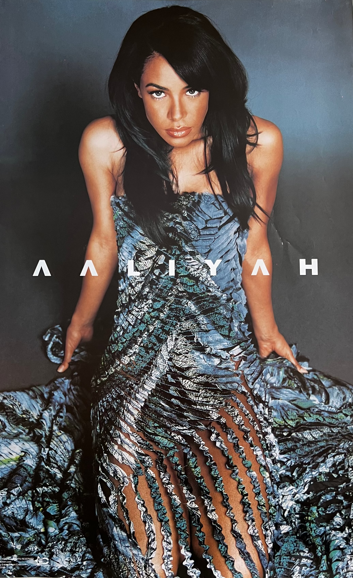 Aaliyah original poster showing the R&B singer in a shimmering blue and orange serpent-print gown, with her name spelled out in her signature minimalist logo across the center.