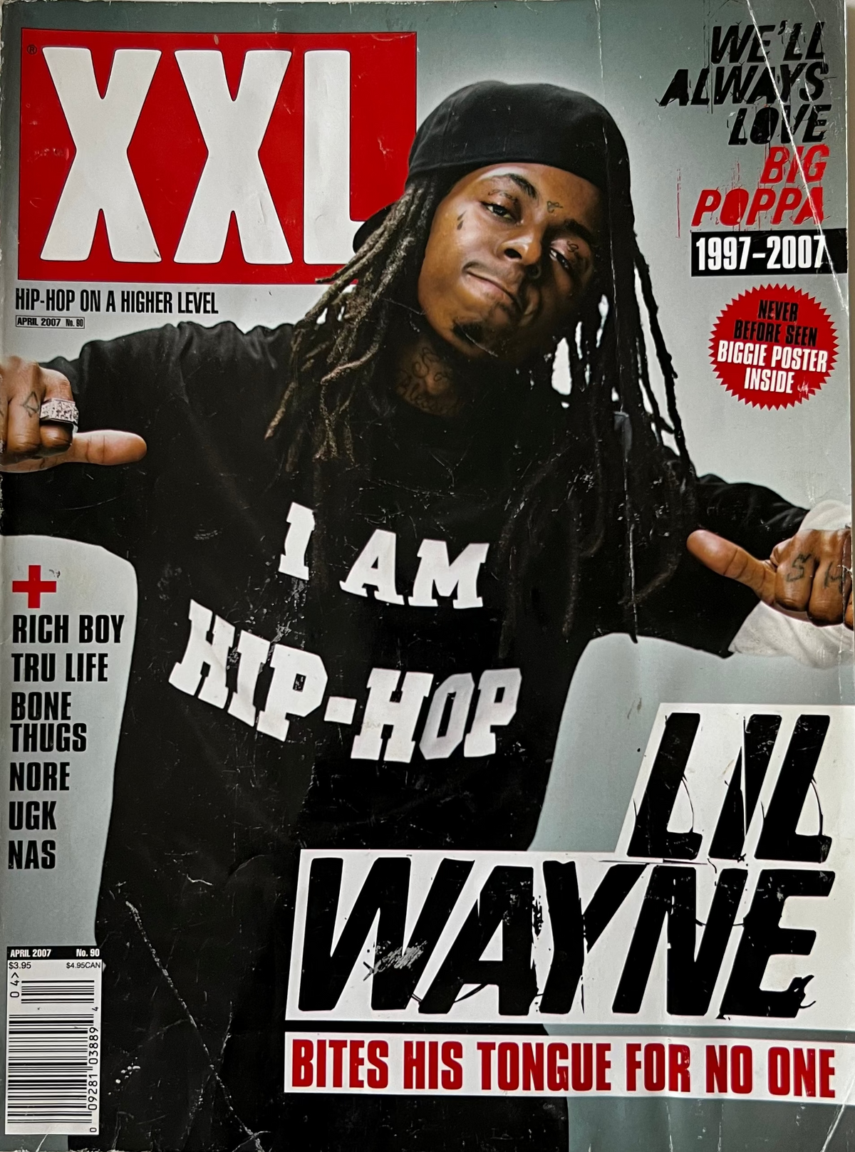 XXL magazine April 2007 front cover, Lil Wayne in a durag and I Am Hip-Hop tee, bites his tongue for no one, Biggie tribute 1997-2007