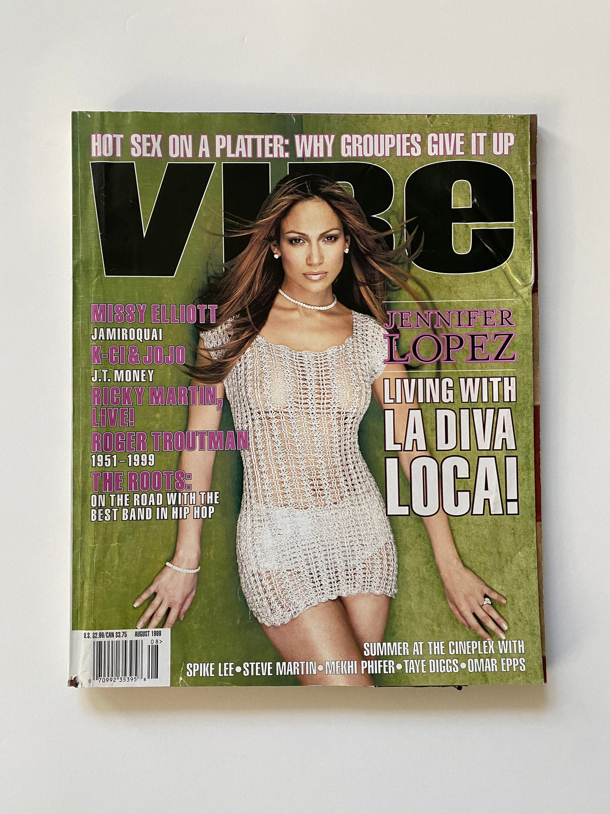 Vibe magazine cover, August 1999, featuring Jennifer Lopez ("Living with La Diva Loca!"), with cover lines on Missy Elliott, Jamiroquai, Ricky Martin, a Roger Troutman tribute, and The Roots on the road.