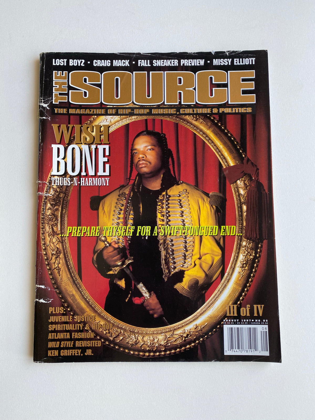 The Source Magazine August 1997 cover featuring Wish Bone of Bone Thugs-N-Harmony in a gold military jacket, the III of IV collector's cover, Issue No. 95