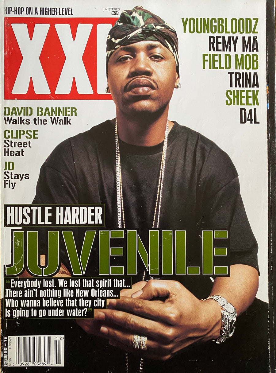 XXL Magazine cover featuring Juvenile in a camo bandana, Hustle Harder, with a New Orleans post-Katrina reflection